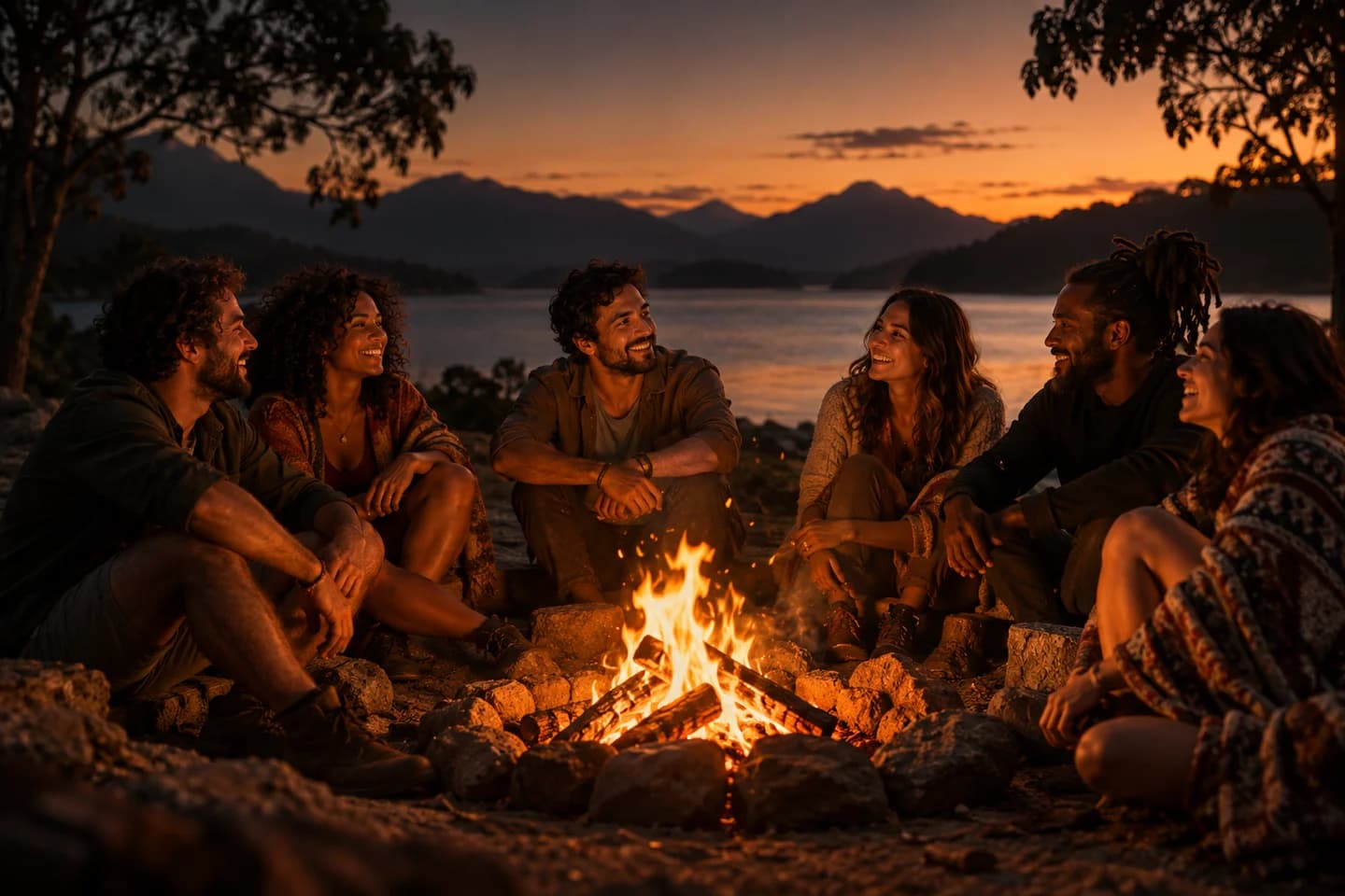 Amigos reunidos em uma roda ao redor de uma fogueira à beira de um lago, ao entardecer. Imagem ilustrativa gerada por IA.